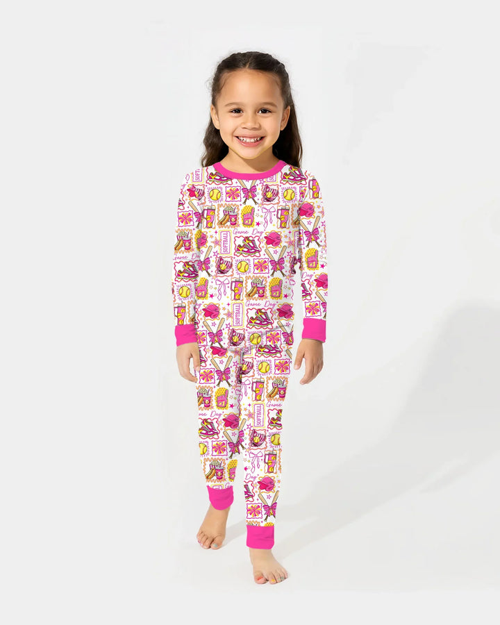Pink Softball Game Day Bamboo Two Piece Long Sleeve Pajama Set