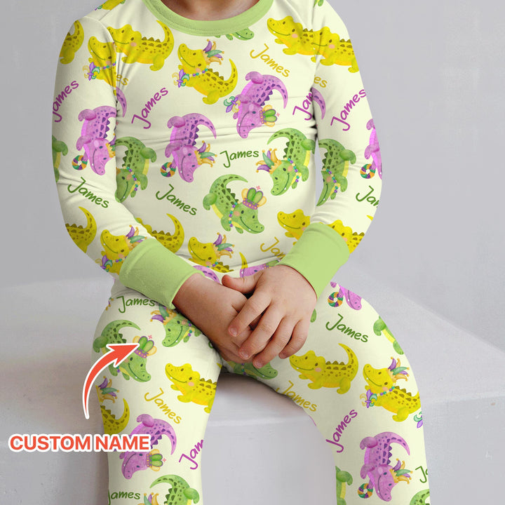 Custom Name Mardi Gras Alligator Two Piece Long Sleeve Pajama Set