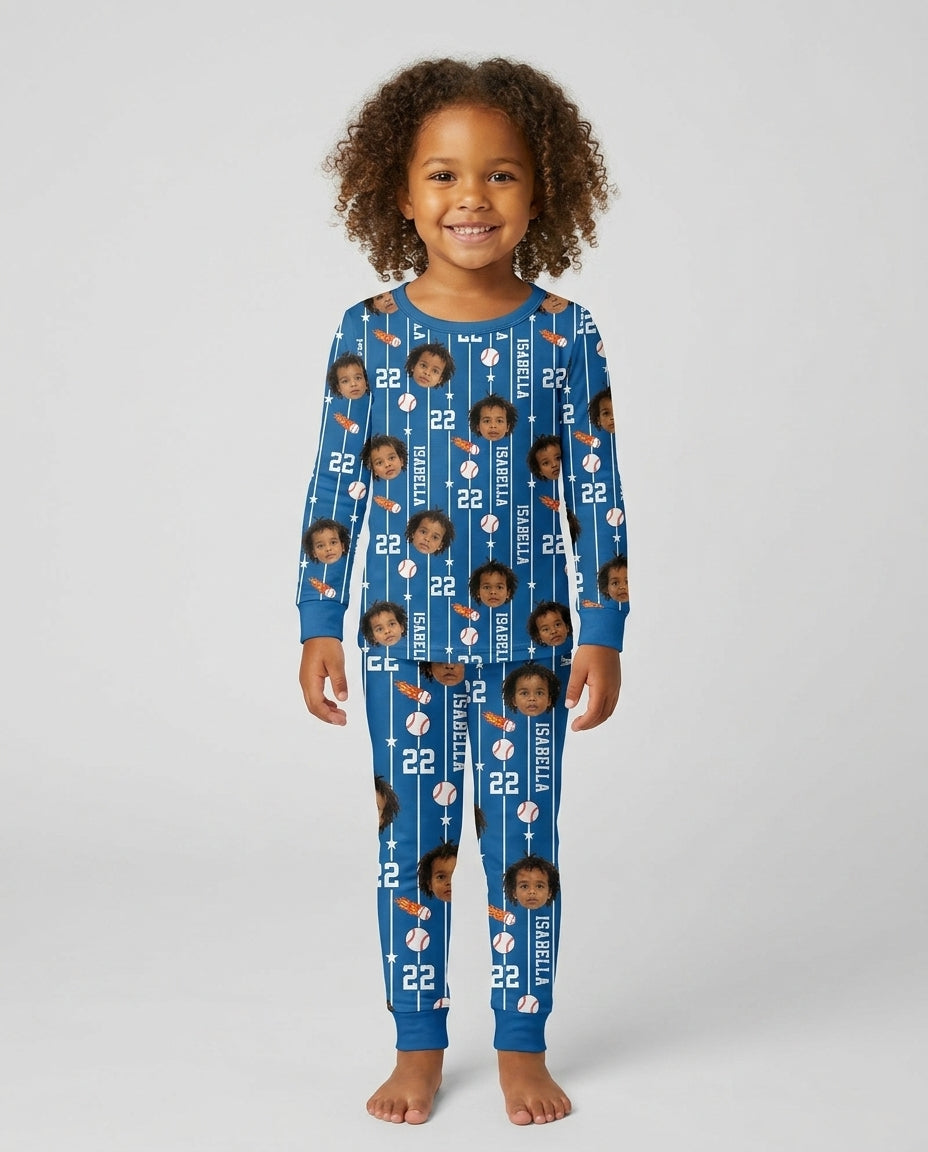 Custom Photo Name & Number For Baseball, Softball, Soccer, Football Lover Bamboo Two Piece Long Sleeve Pajama Set