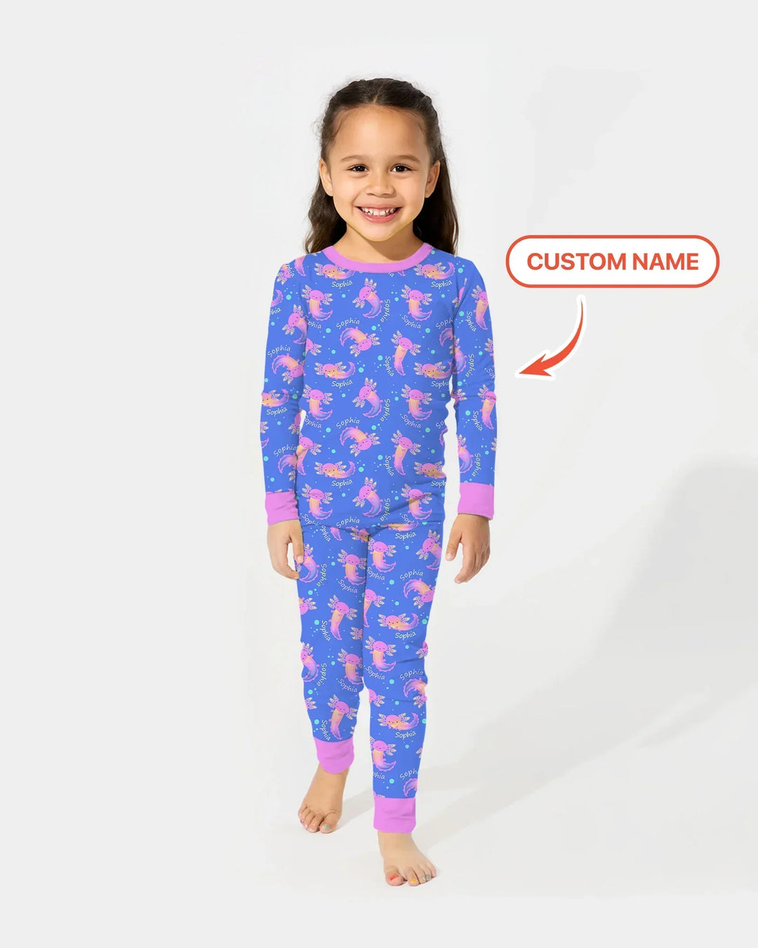Pijama de dos piezas de manga larga de bambú con nombre personalizado y diseño de ajolote que brilla en la oscuridad