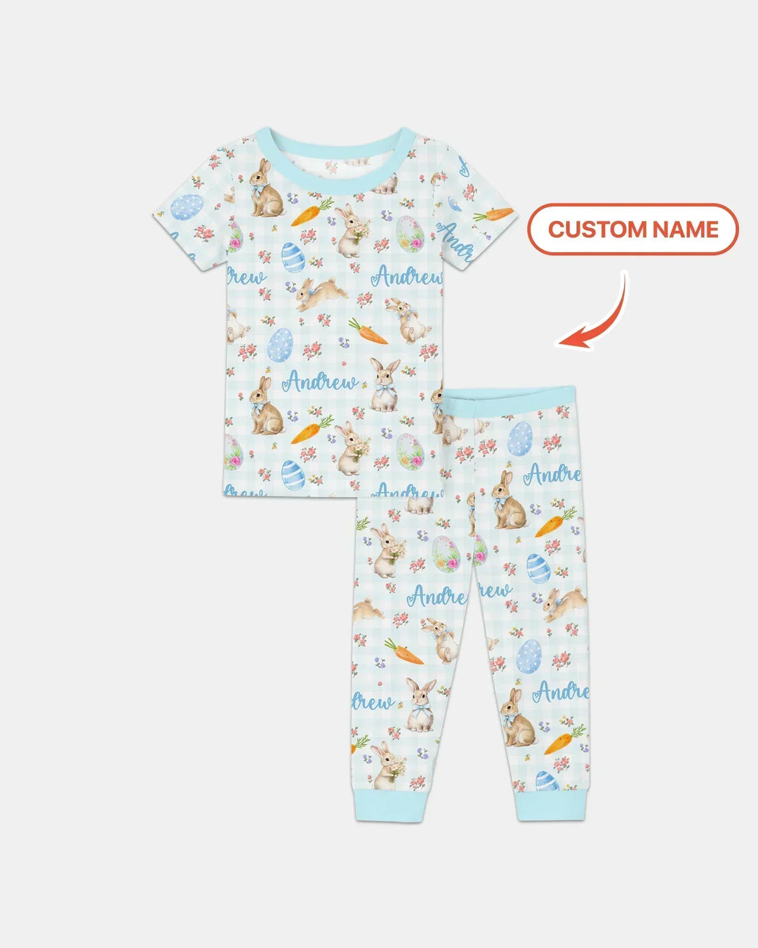 Custom Name Bunny Garden Two Piece Short Sleeve Pajama Set