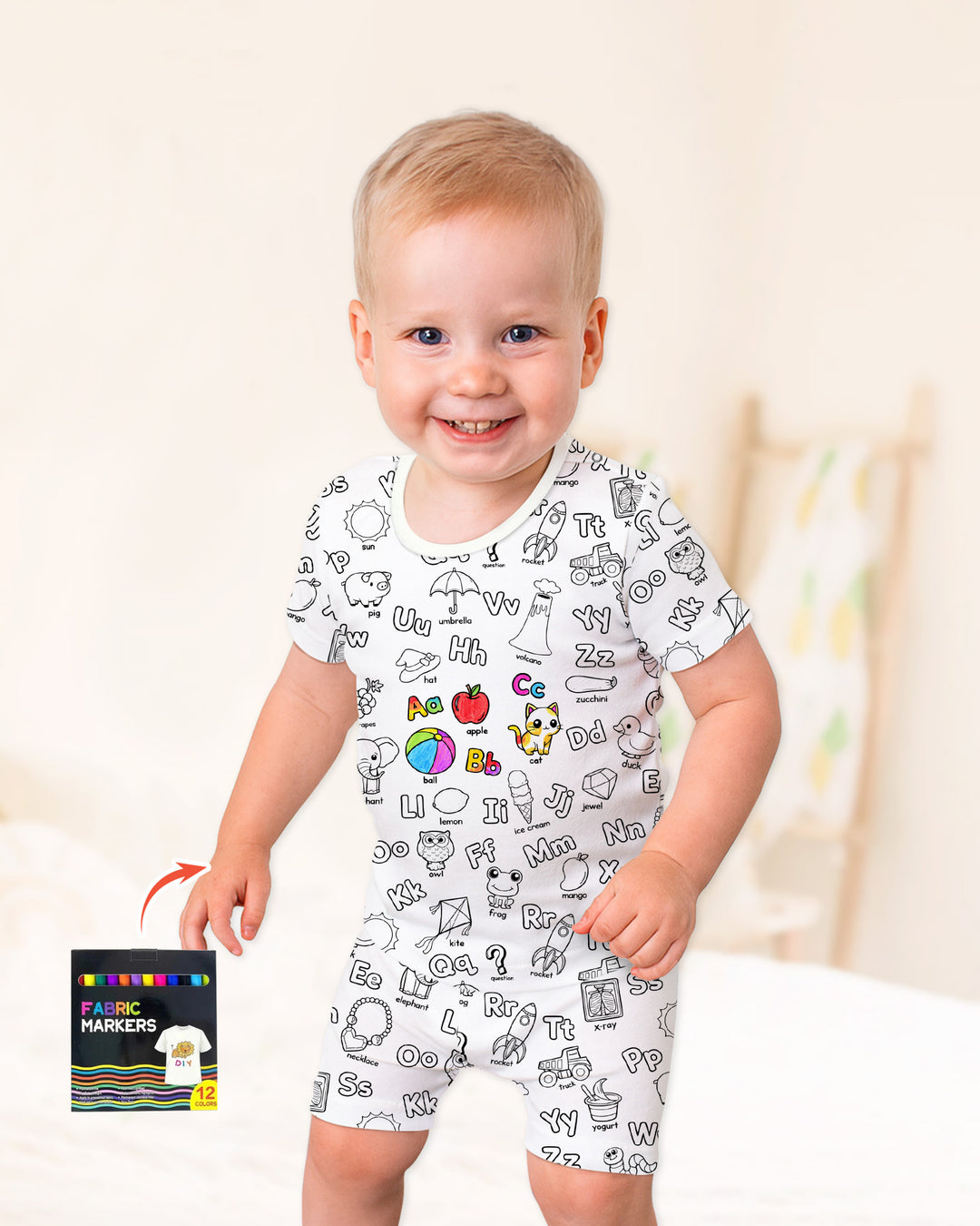 All Colorable Alphabet Two Piece Short Sleeve Shorts Pajama Set
