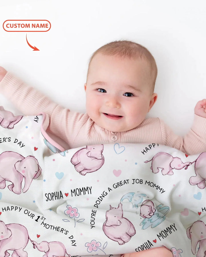Custom Name Mother & Baby Elephant Blanket
