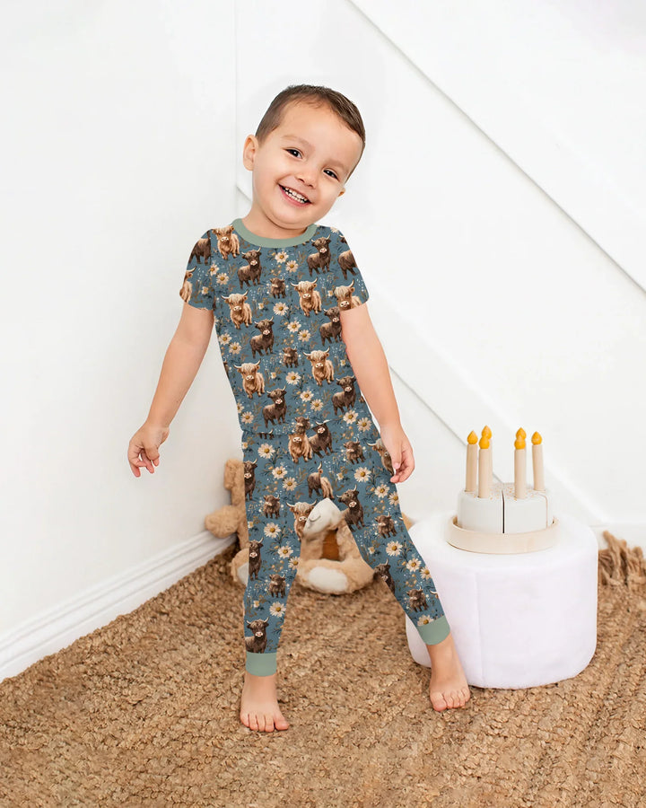 Majestic Highland Cows Family Matching Bamboo Two Piece Short Sleeve Pajama Set