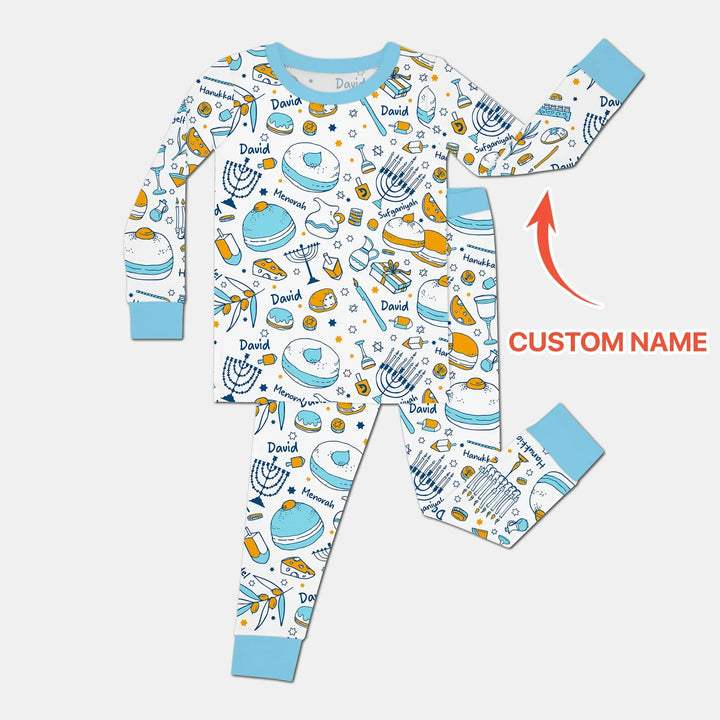 Happy Hanukkah Doodles Custom Name Family Matching Two Piece Long Sleeve Pajama Set