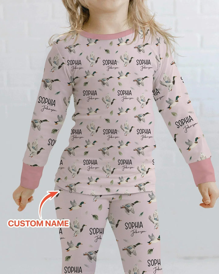 Pijama de dos piezas de bambú de manga larga para bebé con nombre personalizado, diseño de pato ánade real