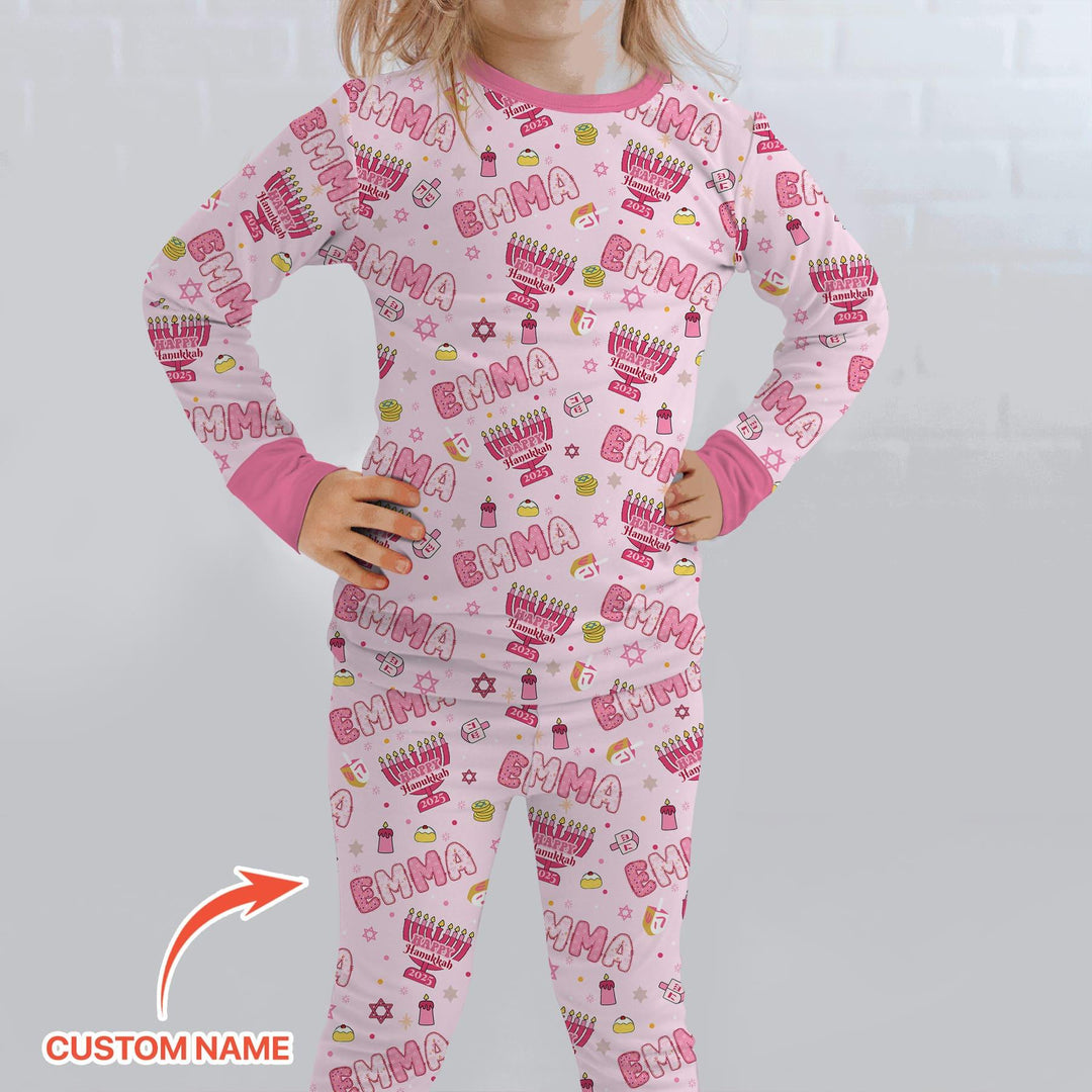 Custom name Happy Hanukkah 2025 Two Piece Long Sleeve Pajama Set