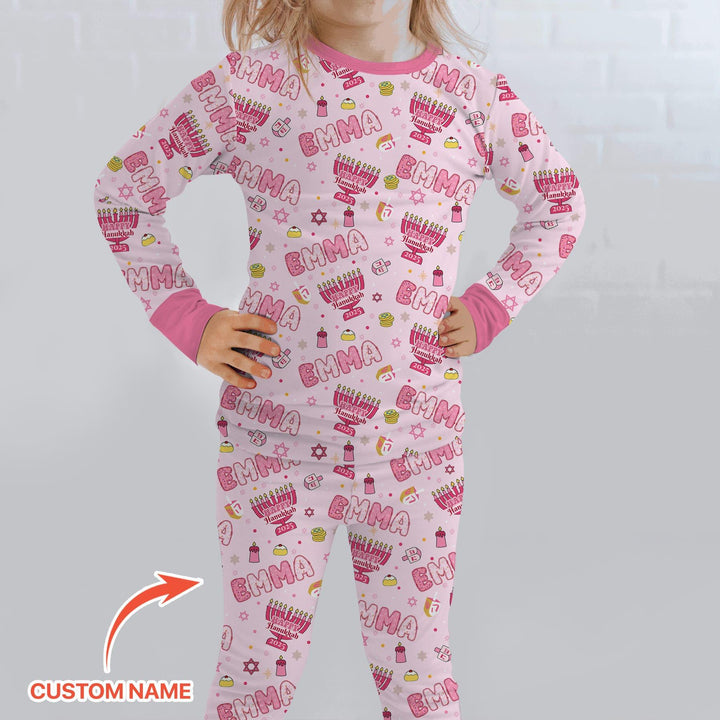 Custom name Happy Hanukkah 2025 Two Piece Long Sleeve Pajama Set