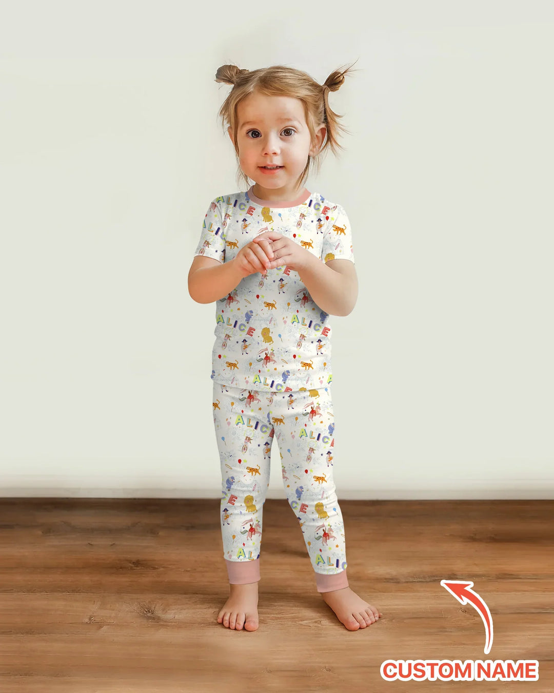 Custom Name Circus Toile Bamboo Two Piece Short Sleeve Pajama Set