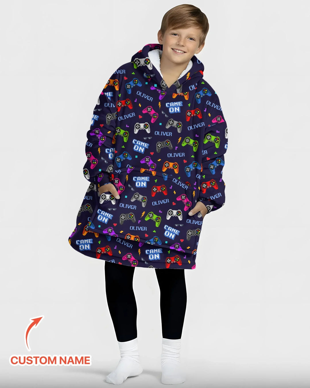 Sudadera con capucha y manta de bambú a juego para la familia con nombre personalizado "Game On"