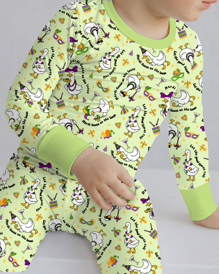 Mardi Gras Silly Goose Two Piece Long Sleeve Pajama Set
