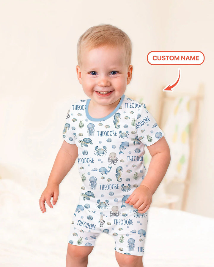 Custom Name Ocean Friends  Bamboo Two Piece Short Sleeve Shorts Pajama Set
