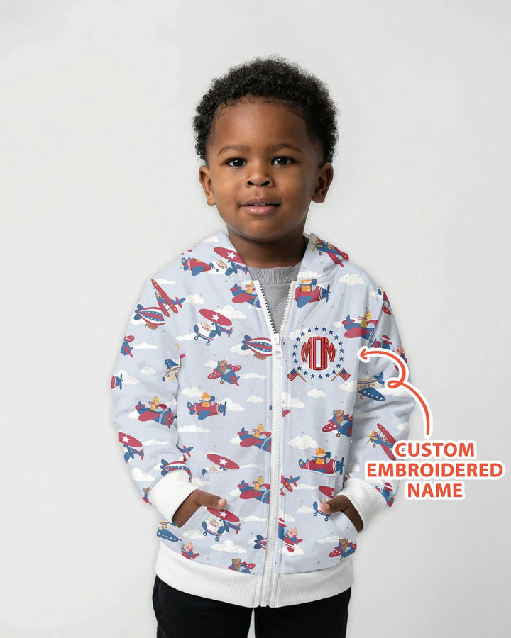 Custom Name Embroidered American Pilot  Bamboo Zip Hoodie