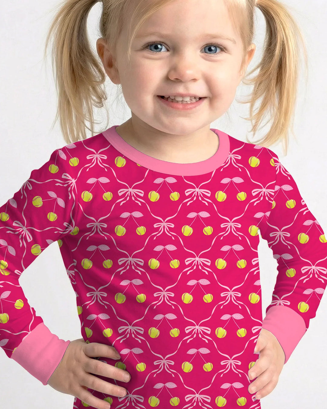 Cherry Baseball Softball Mom and Girl Matching Bamboo Two Piece Long Sleeve Pajama Set