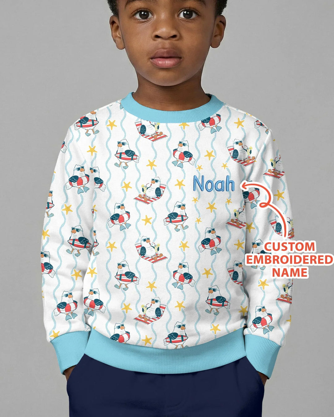 Sudadera de cuello redondo de bambú personalizada con gaviota de verano bordada para bebé