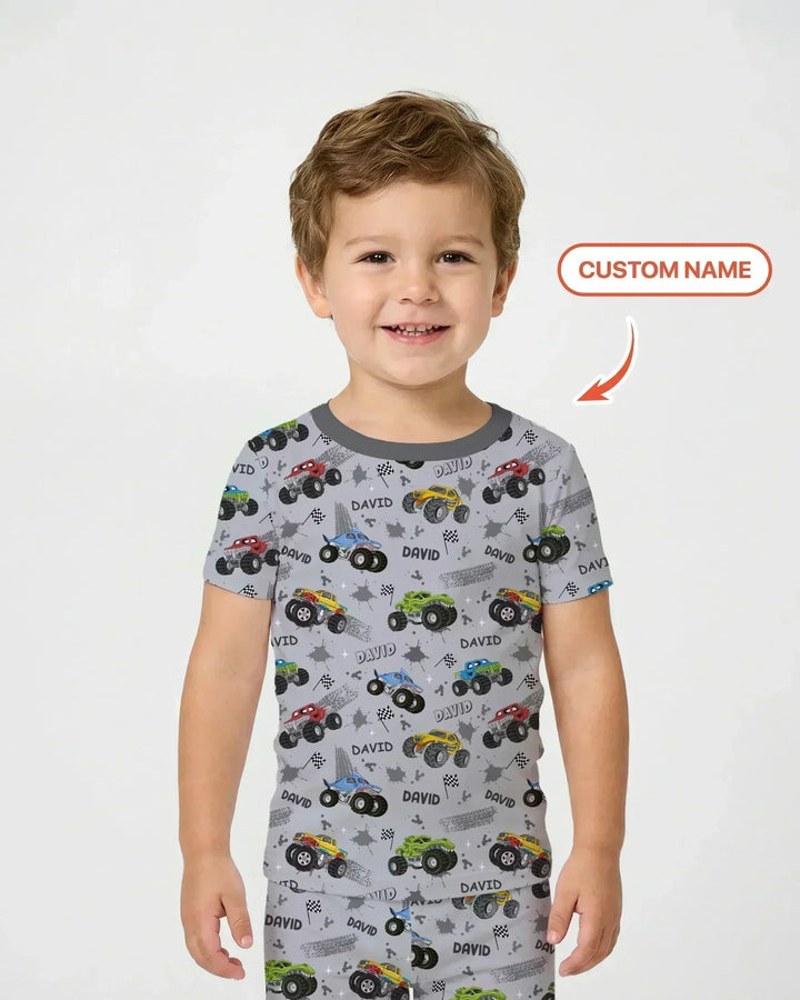 Monster Truck Dirt Jam Custom Name Daddy & Me Matching Two Piece Short Sleeve Pajama Set