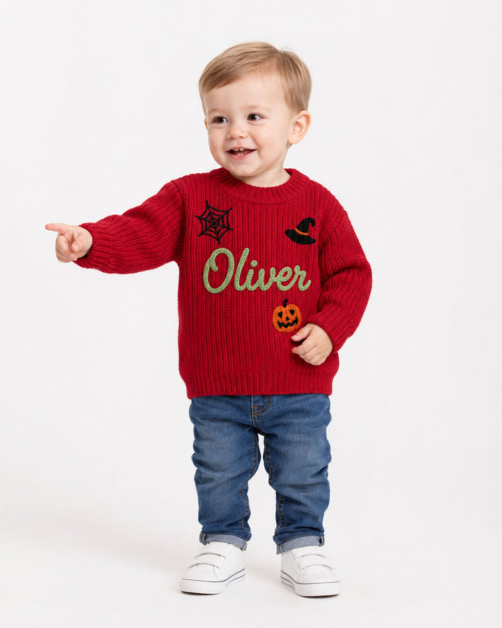 Happy Halloween Embroidered Baby Name Bamboo Knit Sweater Bubble
