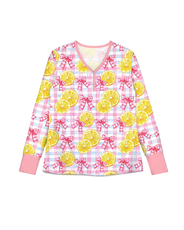 Pink Lemons Bows Checkered Bamboo Women Pajama Set