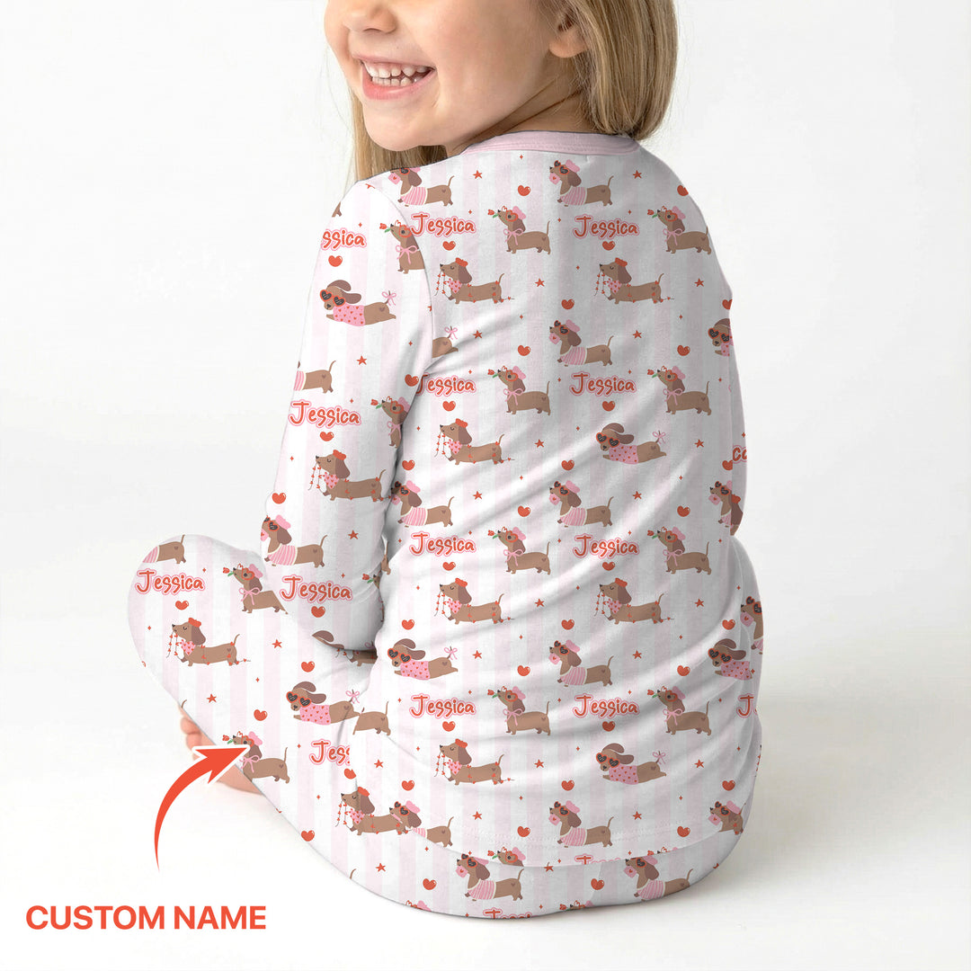 Custom Name Valentine Dachshund Family Matching Two Piece Long Sleeve Pajama Set