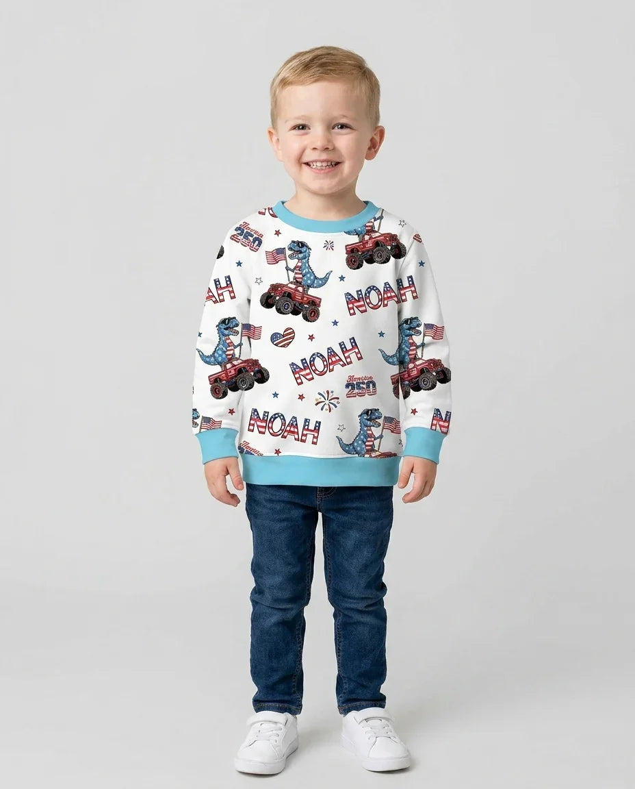 Custom Name American Flag Dinosaur Bamboo Crewneck Sweatshirt