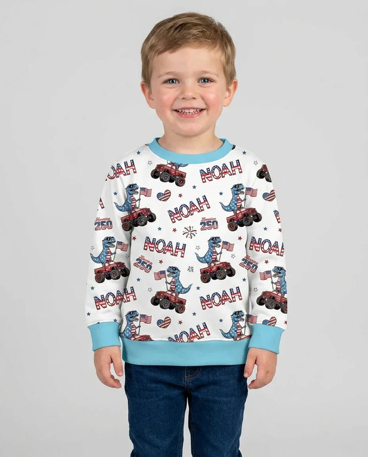 Custom Name American Flag Dinosaur Bamboo Crewneck Sweatshirt