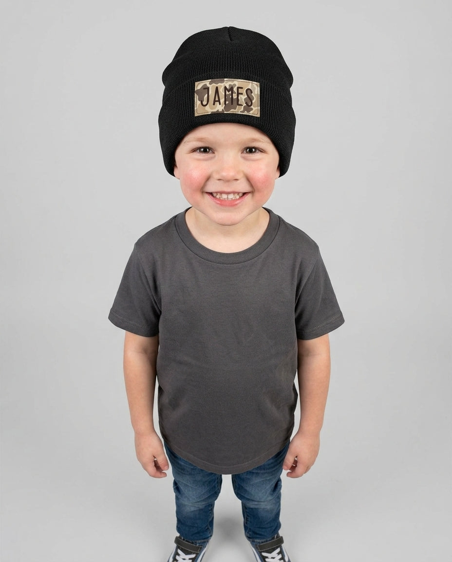 Custom Name Camo Leather Patch Beanie