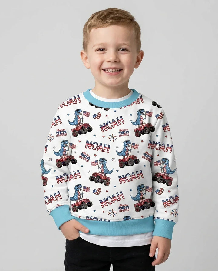 Custom Name American Flag Dinosaur Bamboo Crewneck Sweatshirt