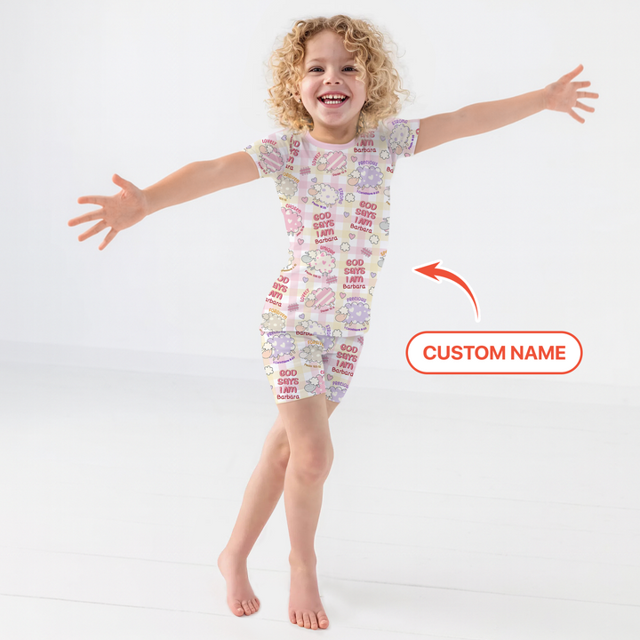 Little Lamb God Says I Am Custom Name Short Sleeve Shorts Pajama Set
