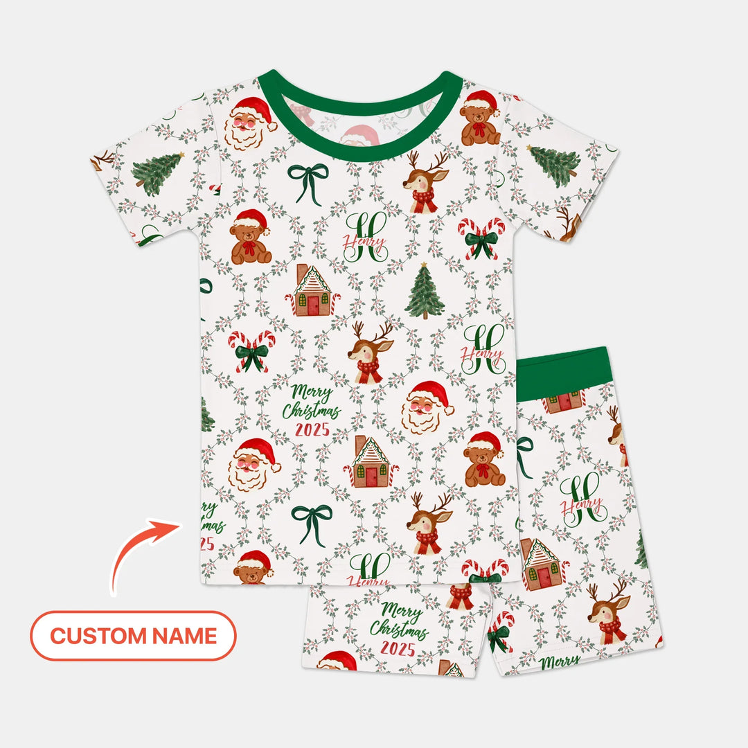 Custom name "Fancy Monogram Green Christmas 2025" Two Piece Short Sleeve Shorts Pajama Set