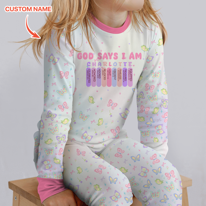 Personalized Butterfly Blessings God Says I Am Two Piece Long Sleeve Pajama Set