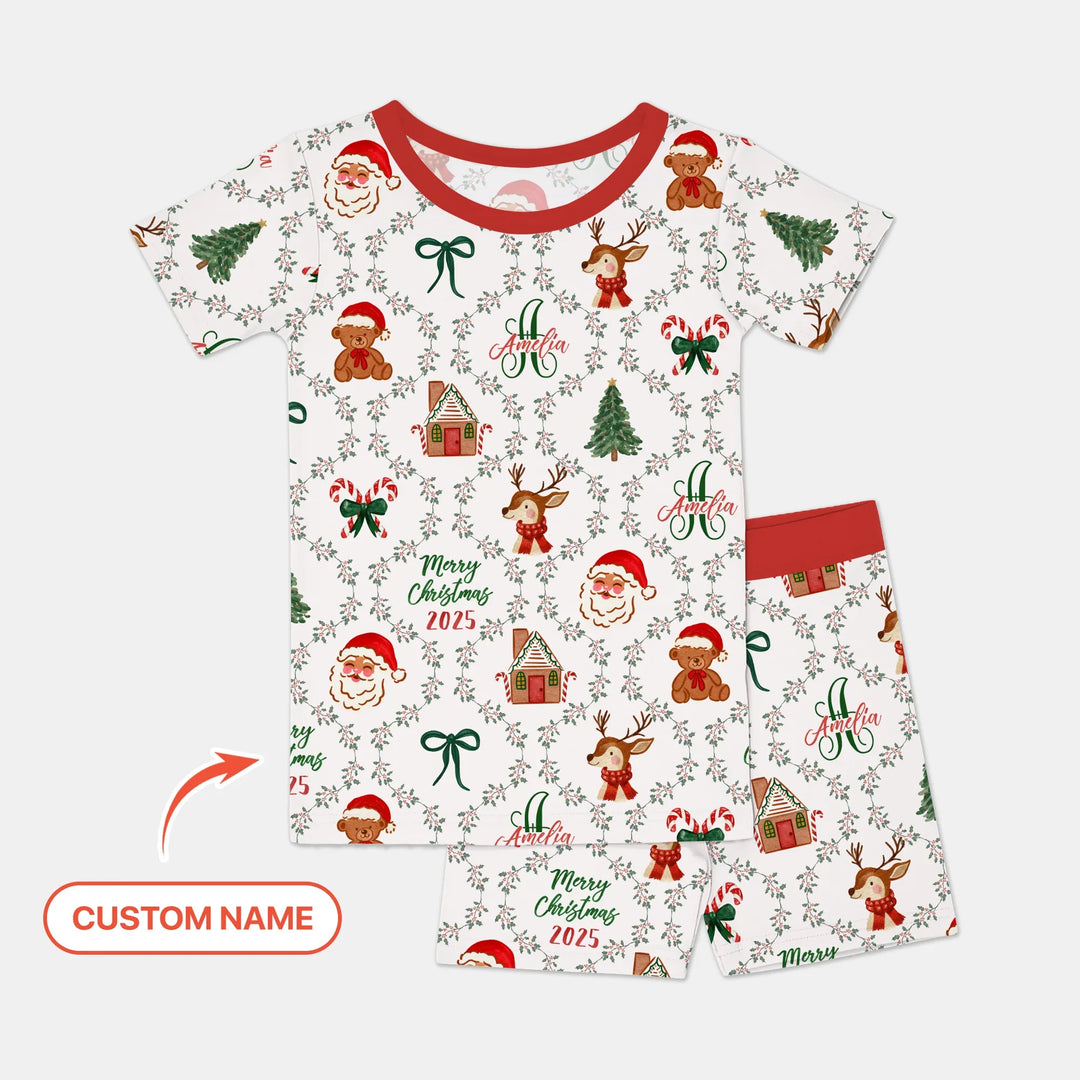 Custom name "Fancy Monogram Red Christmas 2025" Two Piece Short Sleeve Shorts Pajama Set
