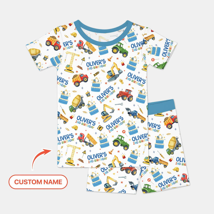 Custom Name Little Builder's Birthday Two Piece Short Sleeve Shorts Pajama Set