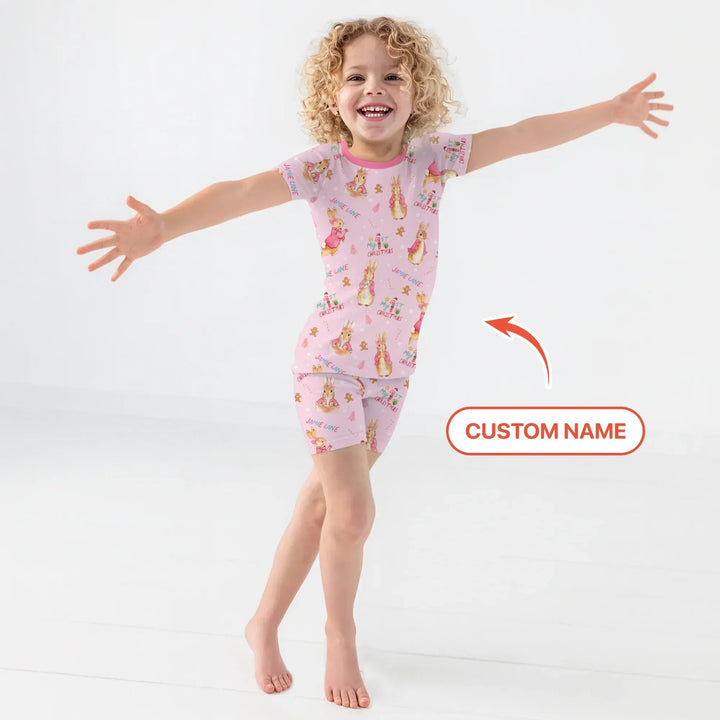 Custom 1st Christmas Rabbit Two Piece Short Sleeve Shorts Pajama Set , Custom 1st Christmas Rabbit Two Piece Short Sleeve Shorts Pajama Set - 12-18M
