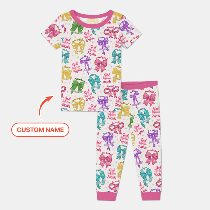 God Says I Am Bow Blessings Custom Name Two Piece Short Sleeve Pajama Set