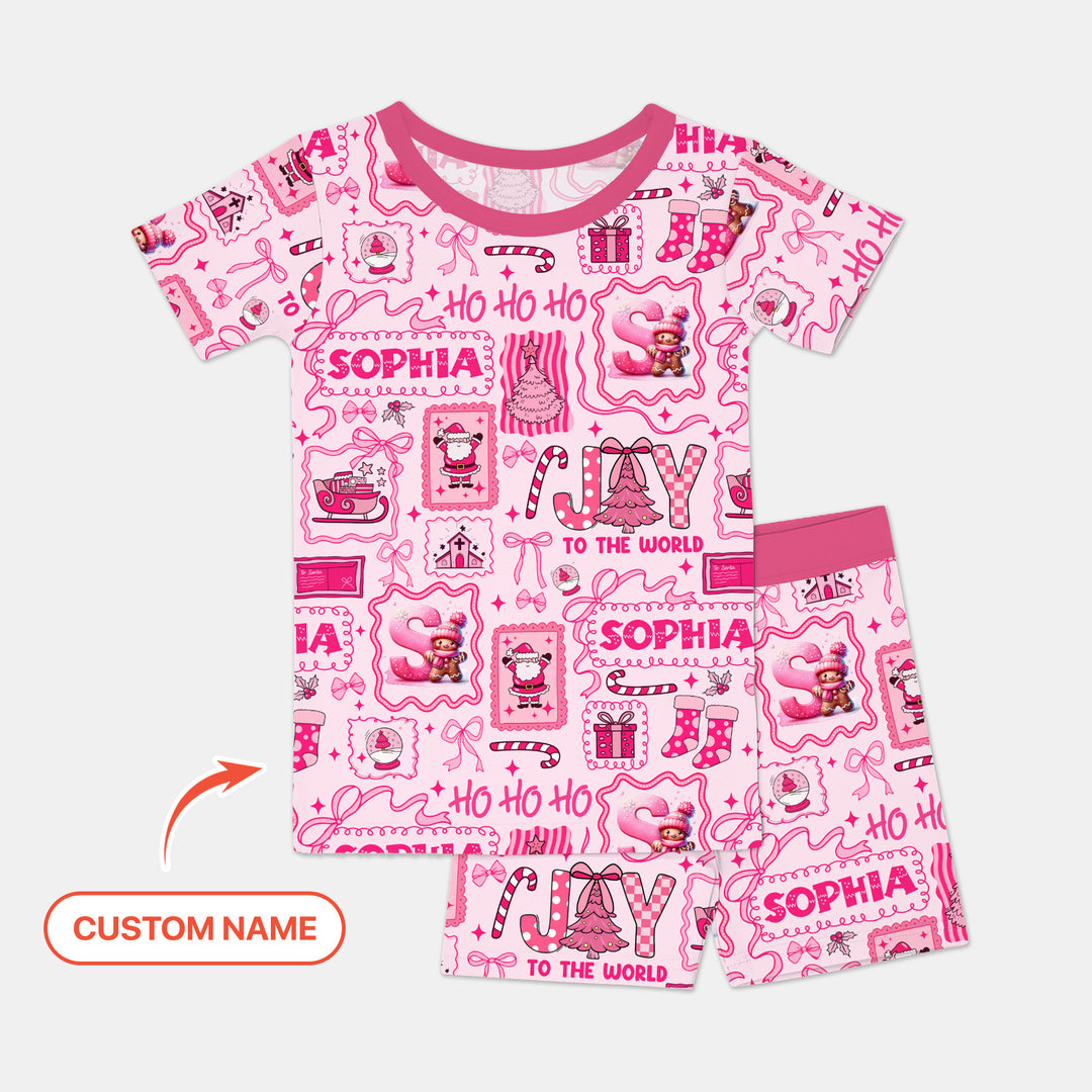 Custom Name Preppy Pink Christmas Two Piece Short Sleeve Shorts Pajama Set