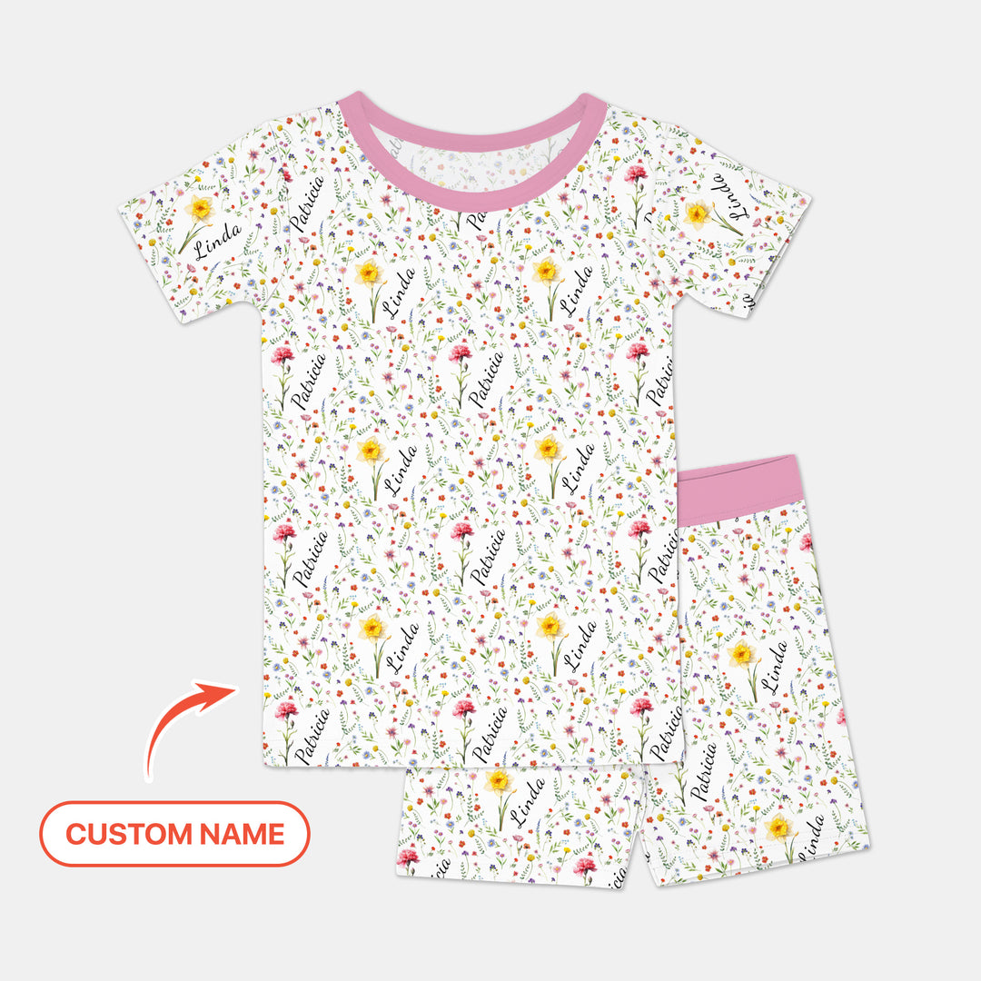 Birth Flower Custom Name Family Daughter Sister Two Piece Short Sleeve Shorts Pajama Set