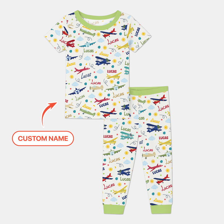 Custom Name Air Transport Two Piece Short Sleeve Pajama Set
