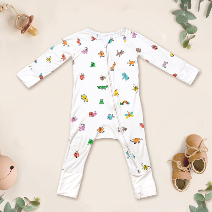 Colorful Doodle Animals Convertible Zippered Romper