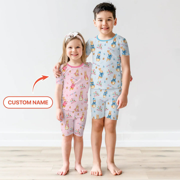 Custom 1st Christmas Rabbit Two Piece Short Sleeve Shorts Pajama Set , Custom 1st Christmas Rabbit Two Piece Short Sleeve Shorts Pajama Set - 12-18M