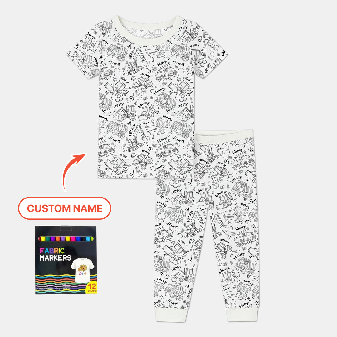 Construction Vehicules Custom Name Colorable Two Piece Short Sleeve Pajama Set