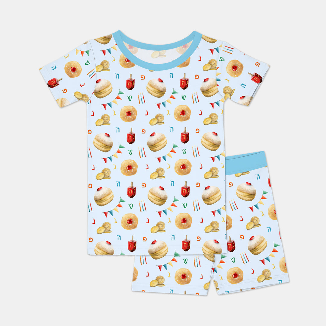 Hanukkah Donuts Two Piece Short Sleeve Shorts Pajama Set , Hanukkah Donuts Two Piece Short Sleeve Shorts Pajama Set - 12-18M / Blue