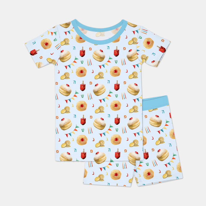 Hanukkah Donuts Two Piece Short Sleeve Shorts Pajama Set , Hanukkah Donuts Two Piece Short Sleeve Shorts Pajama Set - 12-18M / Blue