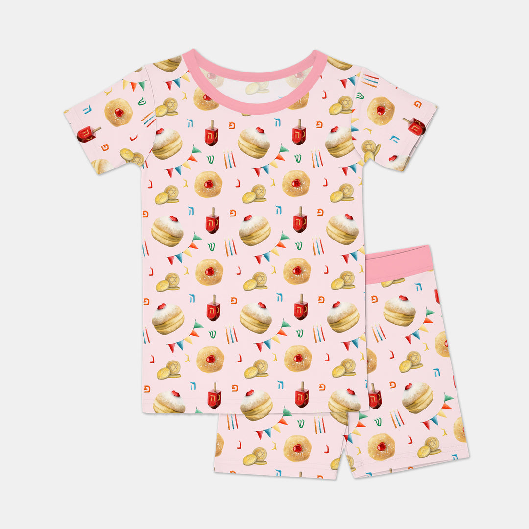 Hanukkah Donuts Two Piece Short Sleeve Shorts Pajama Set , Hanukkah Donuts Two Piece Short Sleeve Shorts Pajama Set - 12-18M / Pink