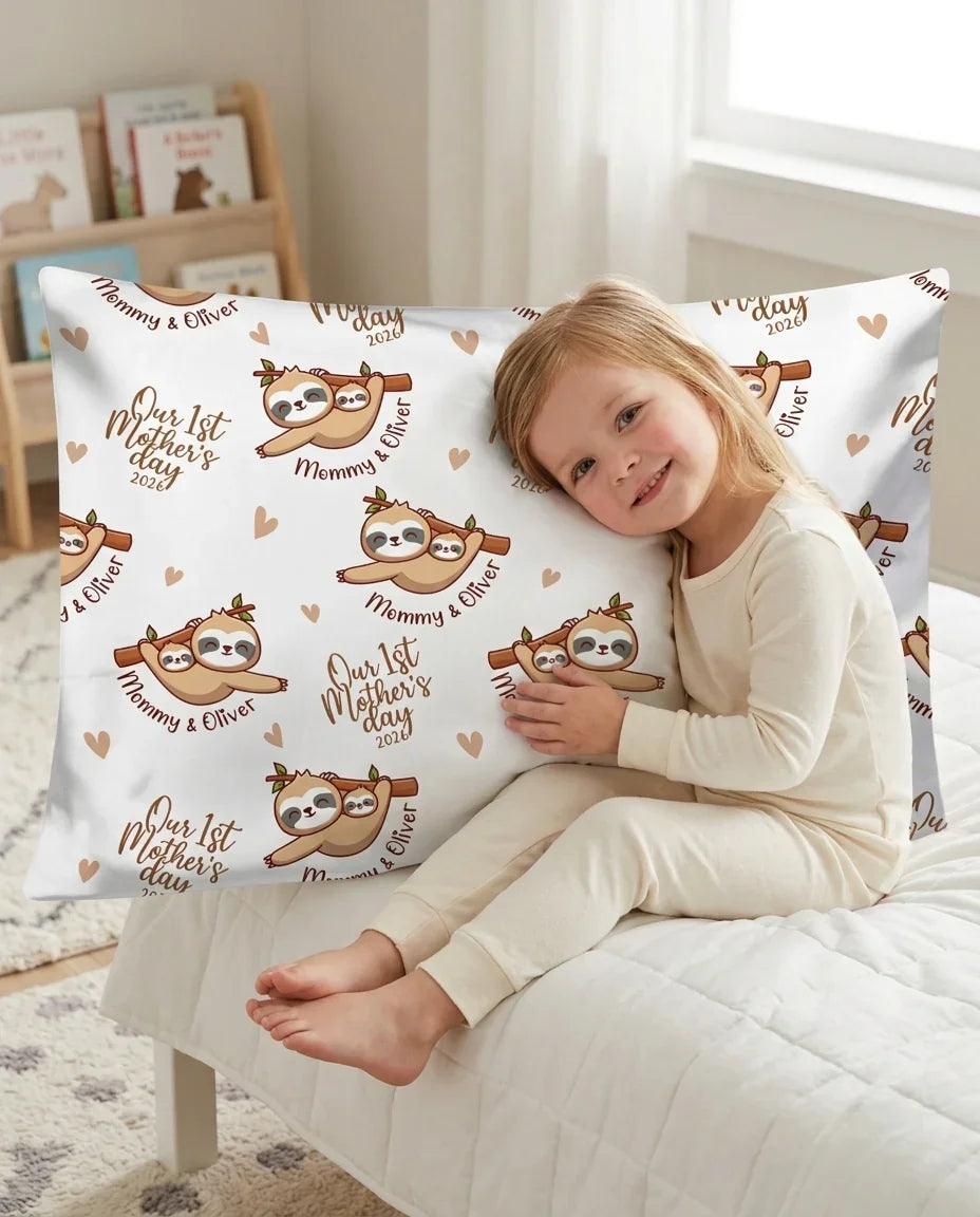 Custom Name Mama & Baby Sloth – Our First Mother’s Day 2026 Bamboo Pillow Case