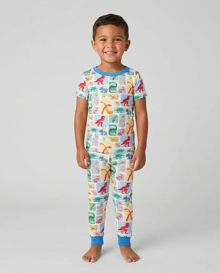 Conjunto de pijama de dos piezas de bambú de manga corta a juego familiar de Dino Arcoíris