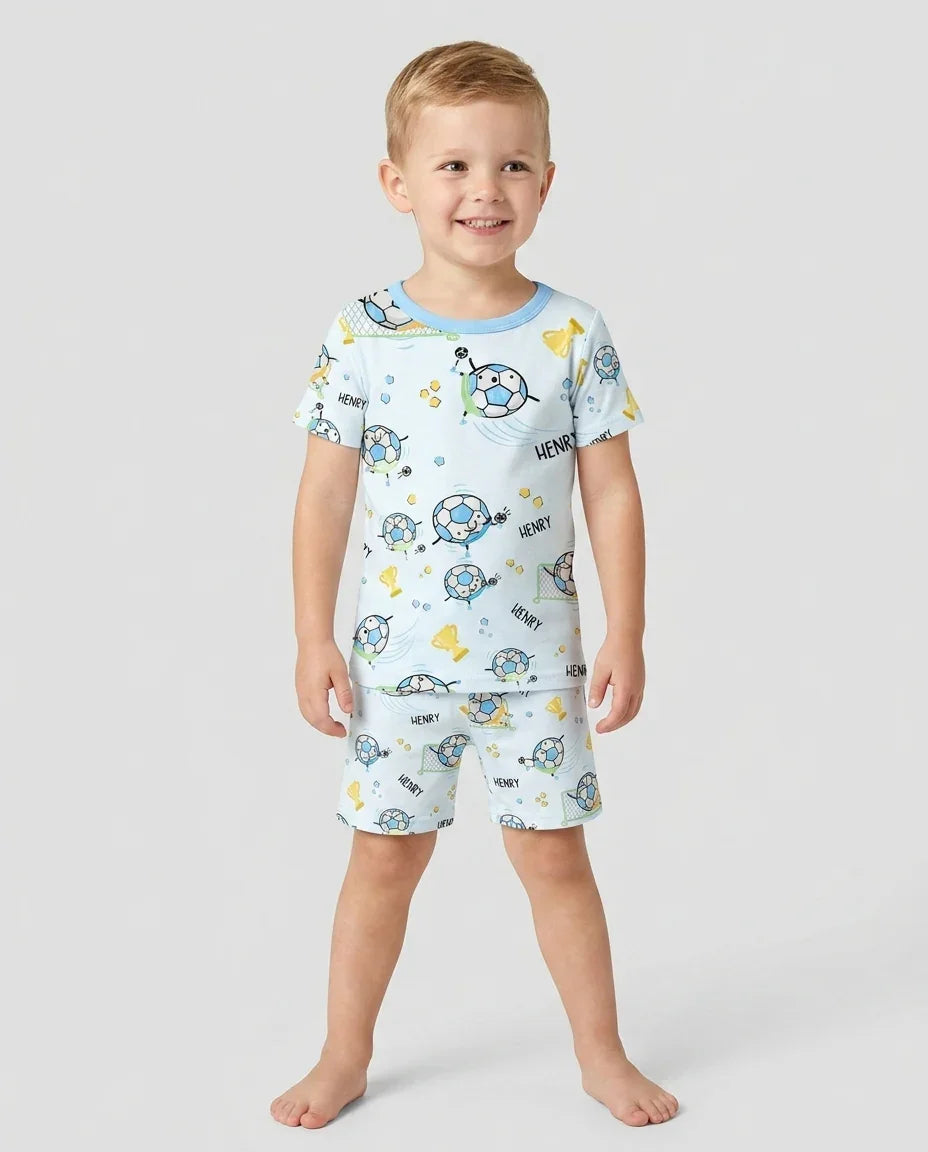 Conjunto de pijama de dos piezas de bambú a juego para papá futbolero, de manga corta y pantalones cortos, con nombre personalizado