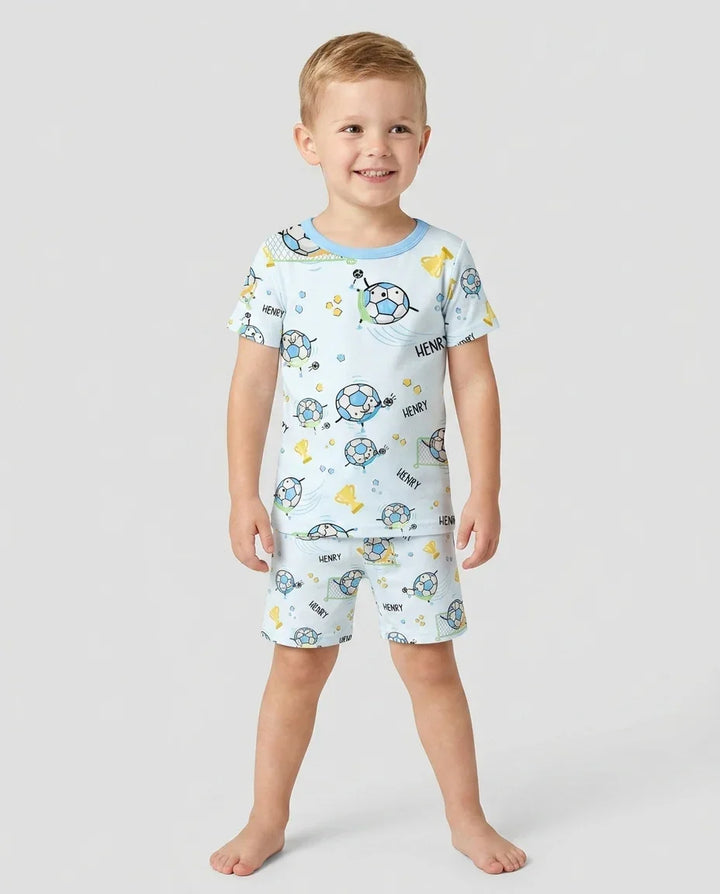 Conjunto de pijama de dos piezas de bambú a juego para papá futbolero, de manga corta y pantalones cortos, con nombre personalizado