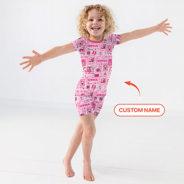 Custom Name Preppy Pink Christmas Two Piece Short Sleeve Shorts Pajama Set