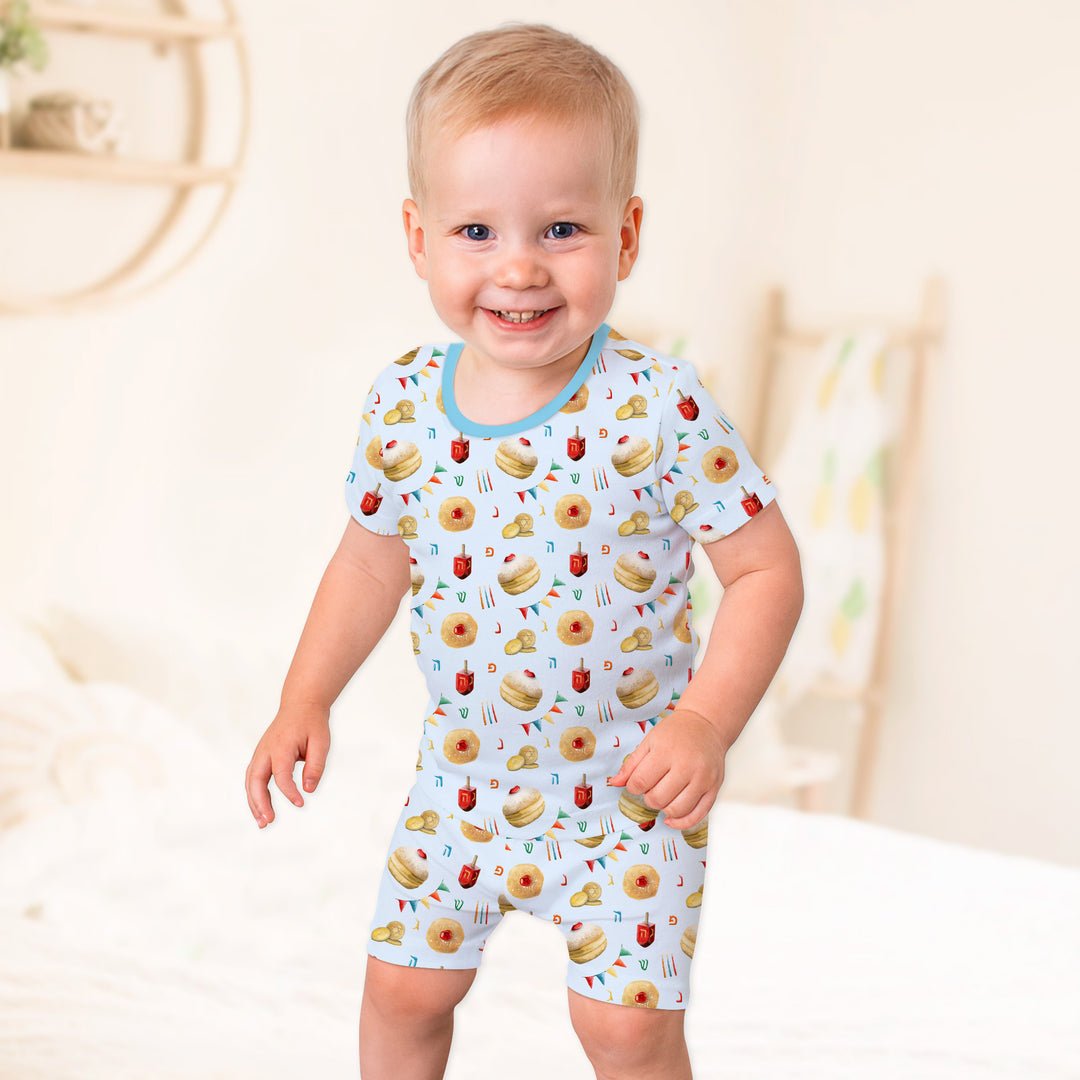 Hanukkah Donuts Two Piece Short Sleeve Shorts Pajama Set , Hanukkah Donuts Two Piece Short Sleeve Shorts Pajama Set - 12-18M / Blue
