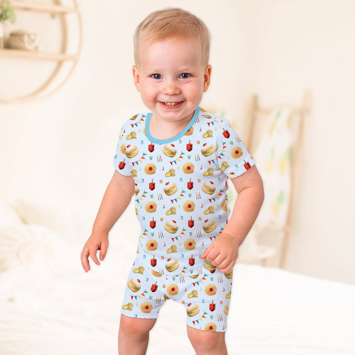 Hanukkah Donuts Two Piece Short Sleeve Shorts Pajama Set , Hanukkah Donuts Two Piece Short Sleeve Shorts Pajama Set - 12-18M / Blue